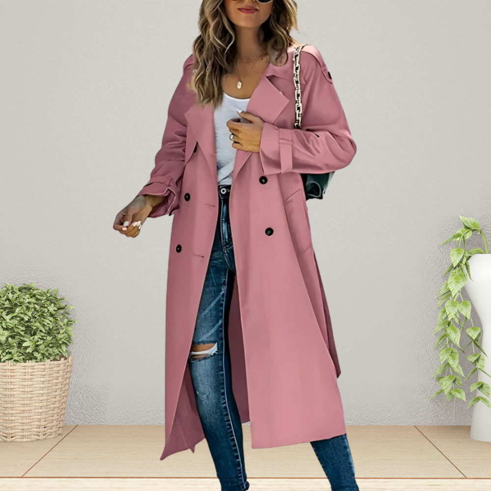 Women's Double-Breasted Trench Coat with Notched Collar