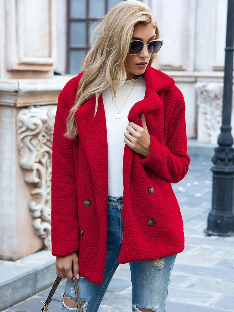 Women's Teddy Coat with Notch Lapel and Button Front