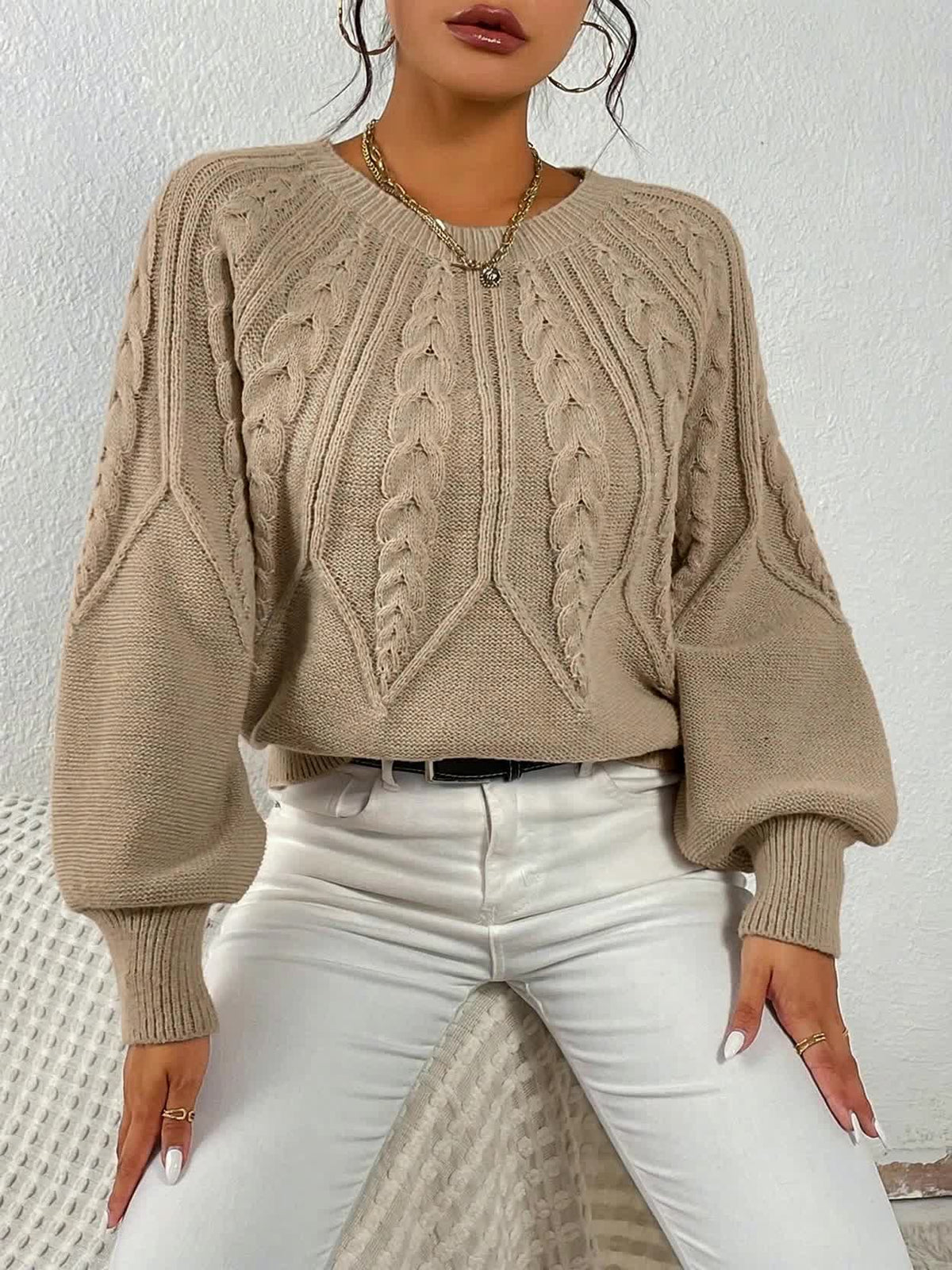Women's Cable-Knit Cropped Jumper with Lantern Sleeves