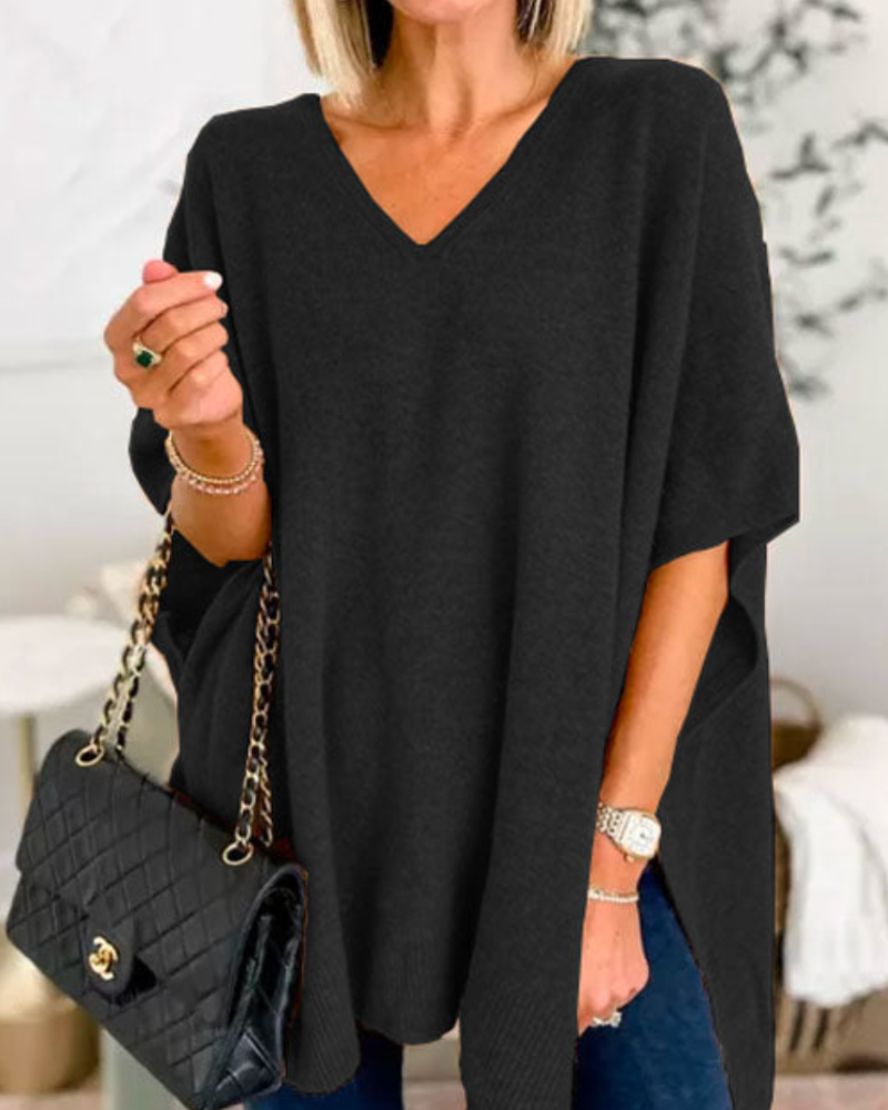 Women's Oversized V-Neck Poncho Jumper Relaxed Fit