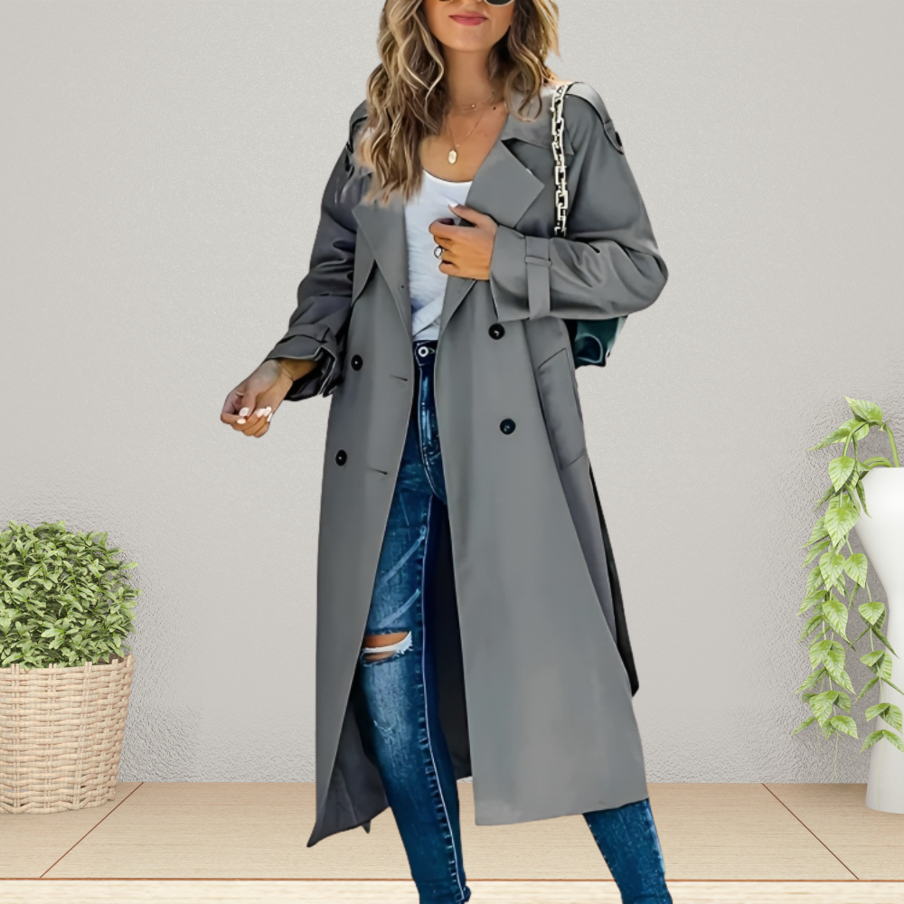 Women's Double-Breasted Trench Coat with Notched Collar