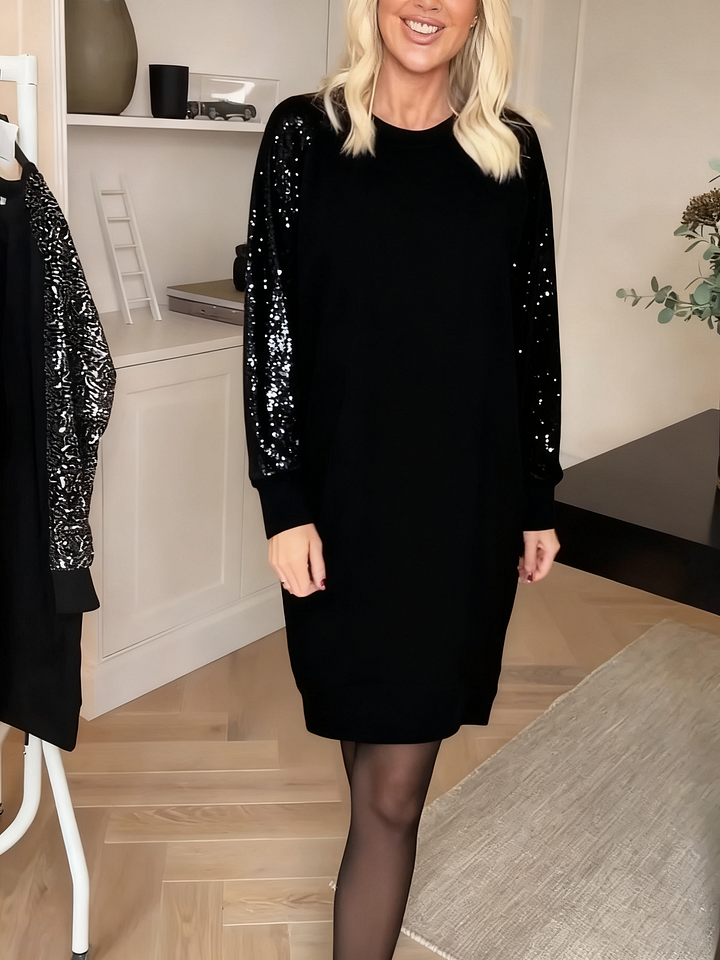Women's Sequin Sleeve Sweatshirt Dress with Crew Neck