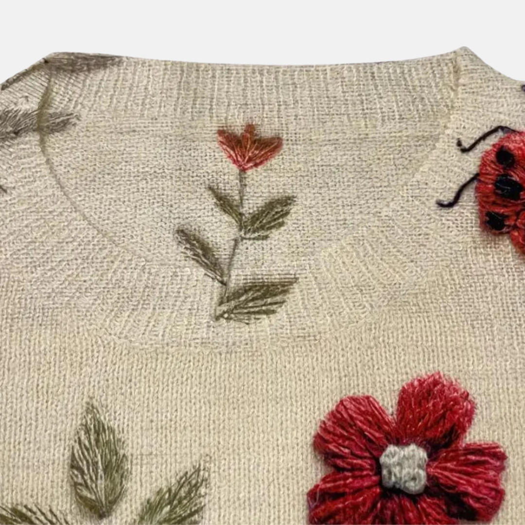 Women's Embroidered Floral Knit Sweater Loose Fit Crew Neck