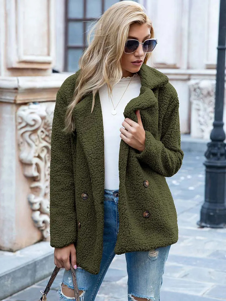Women's Teddy Coat with Notch Lapel and Button Front