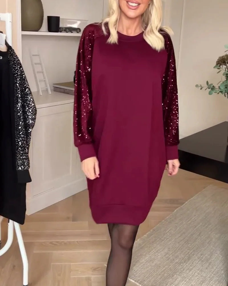 Women's Sequin Sleeve Sweatshirt Dress with Crew Neck