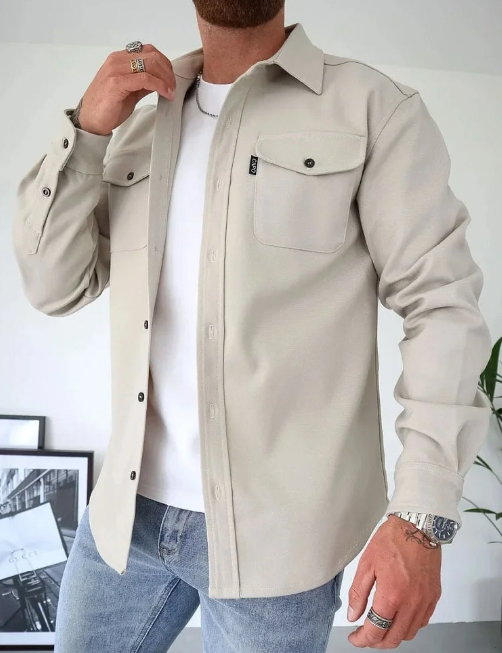 Men's Casual Shirt Jacket with Button Front and Chest Pockets