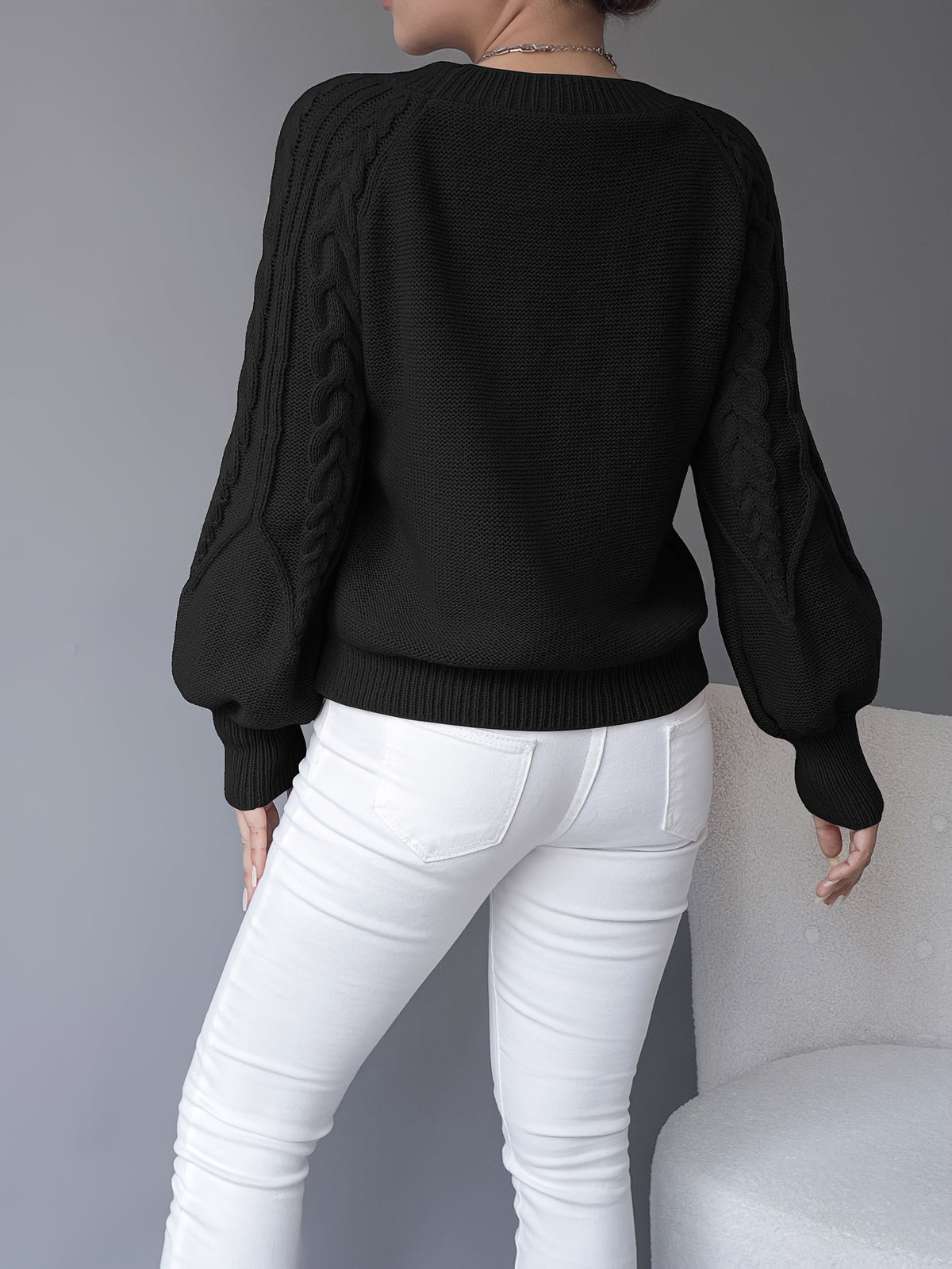 Women's Cable-Knit Cropped Jumper with Lantern Sleeves