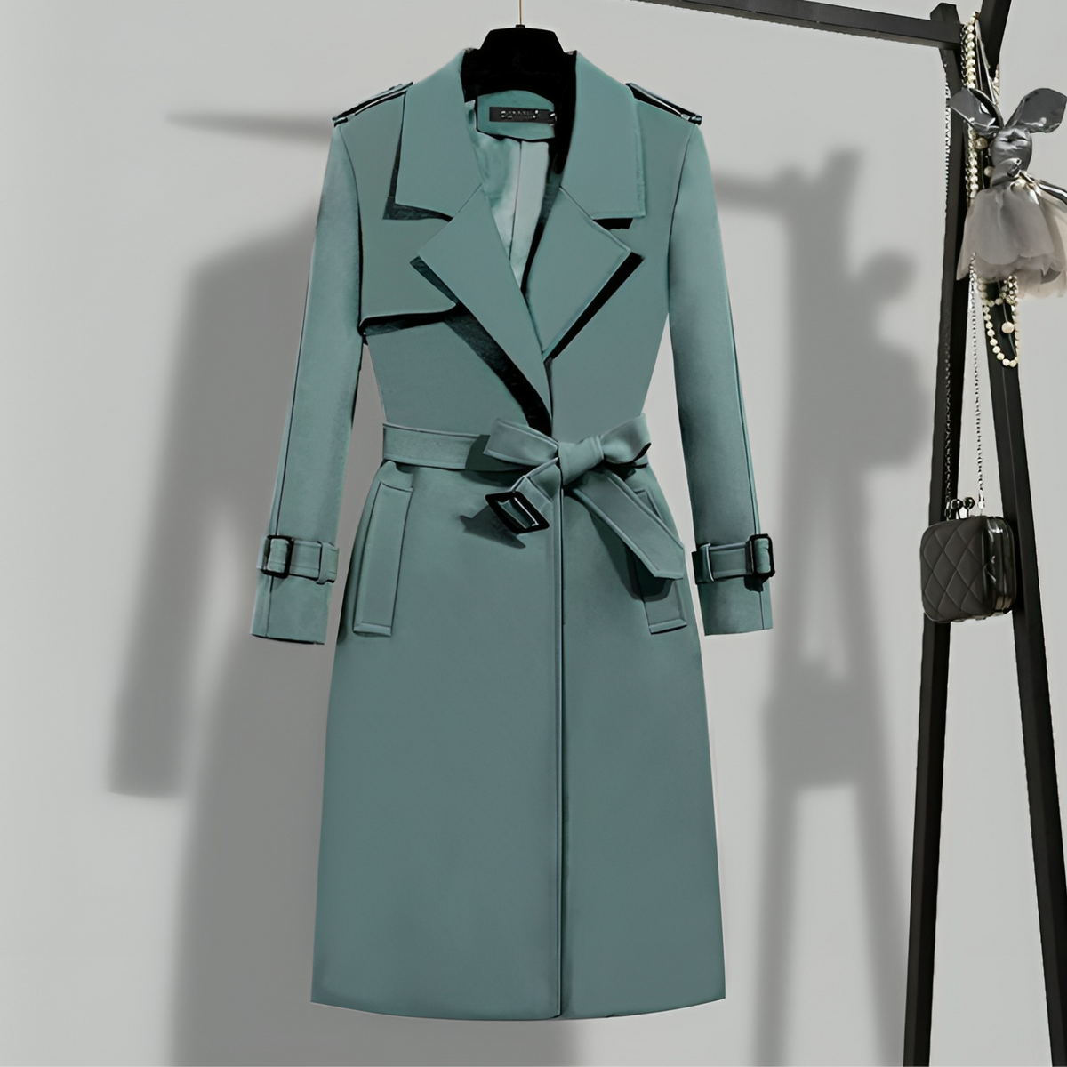 Women's Belted Trench Coat with Notched Lapel