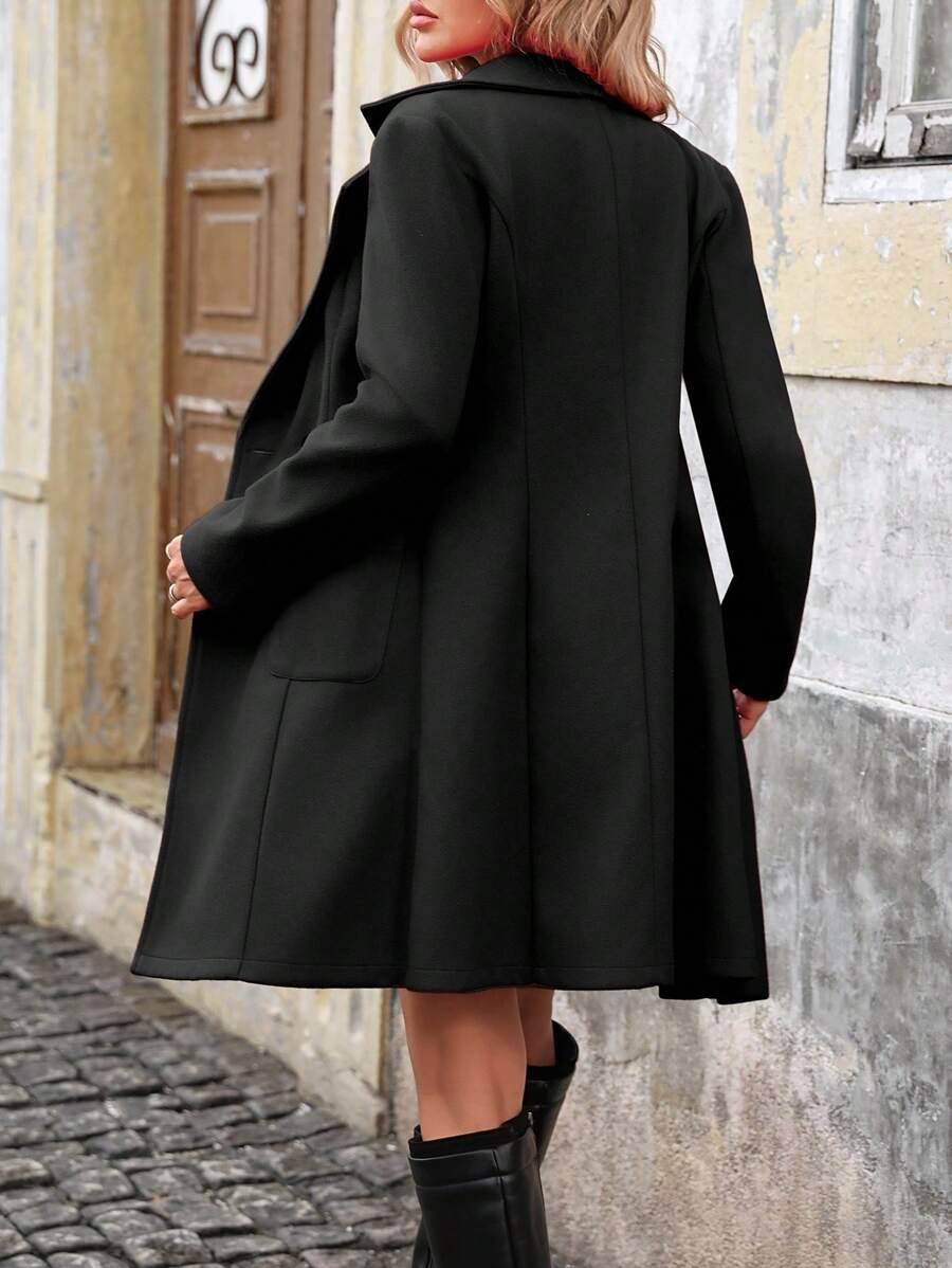 Black Double Breasted Wool Coat with Patch Pockets