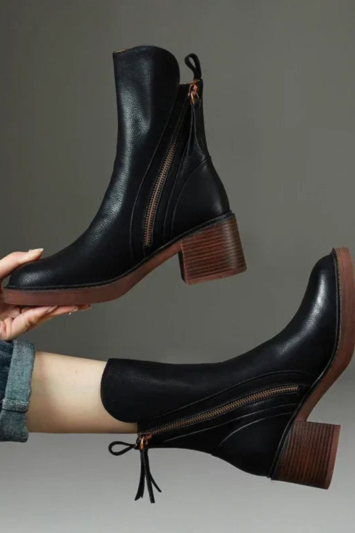 Black Leather Ankle Boots with Block Heel and Gold Zip