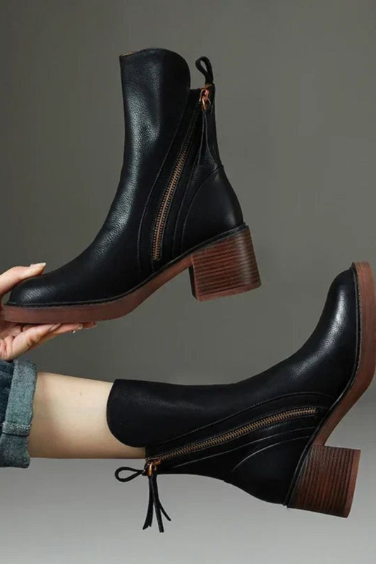 Black Leather Ankle Boots with Block Heel and Gold Zip - Brumz