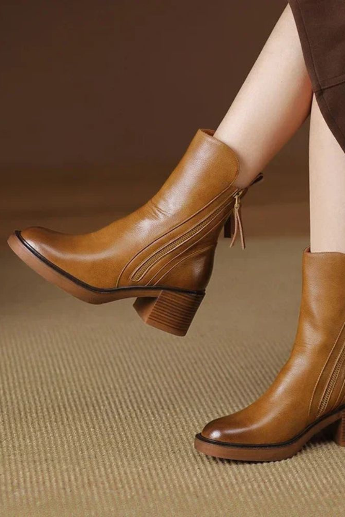 Black Leather Ankle Boots with Block Heel and Gold Zip