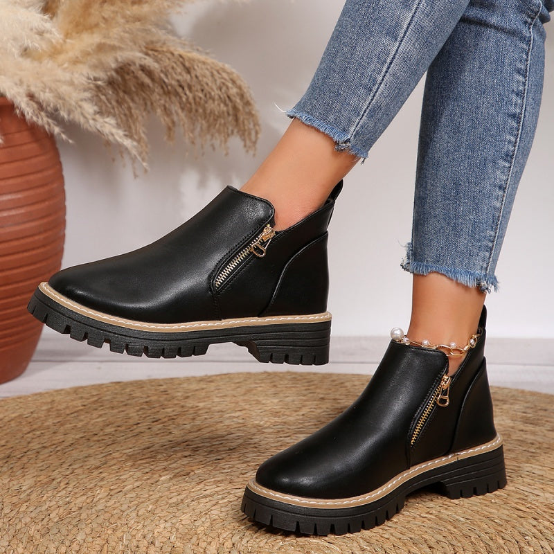 Black Leather Ankle Boots with Chunky Sole and Gold Zip
