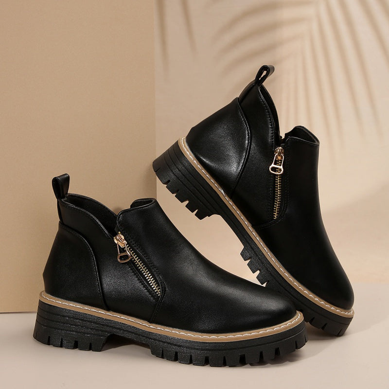 Black Leather Ankle Boots with Chunky Sole and Gold Zip