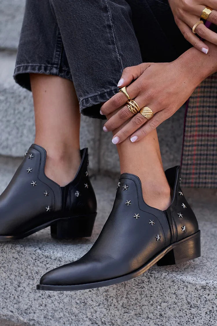 Black Leather Ankle Boots with Star Stud Detail and Block Heel