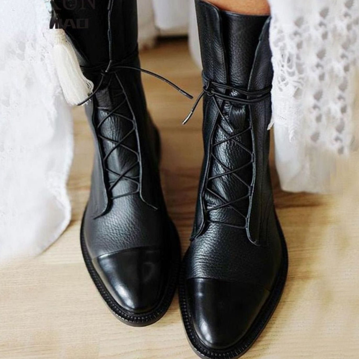 Black Leather Lace-Up Ankle Boots with Cap Toe