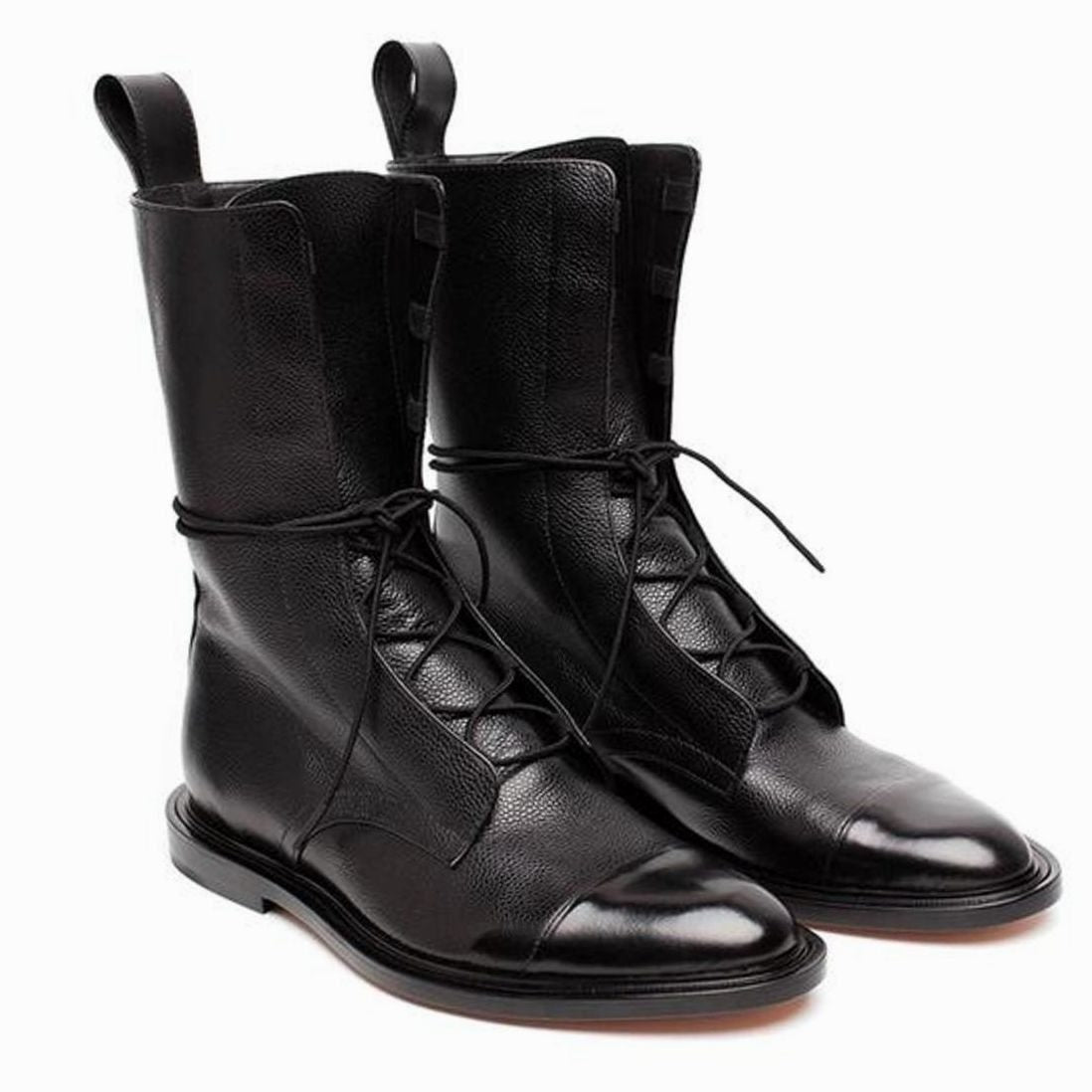Black Leather Lace-Up Ankle Boots with Cap Toe