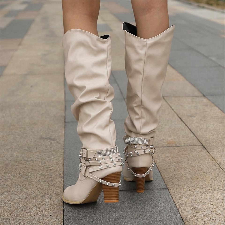 Block Heel Leather Knee High Boots with Studded Straps
