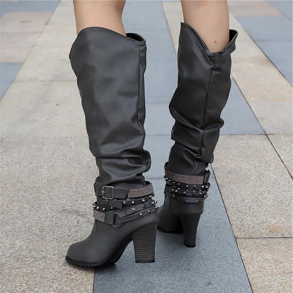 Block Heel Leather Knee High Boots with Studded Straps