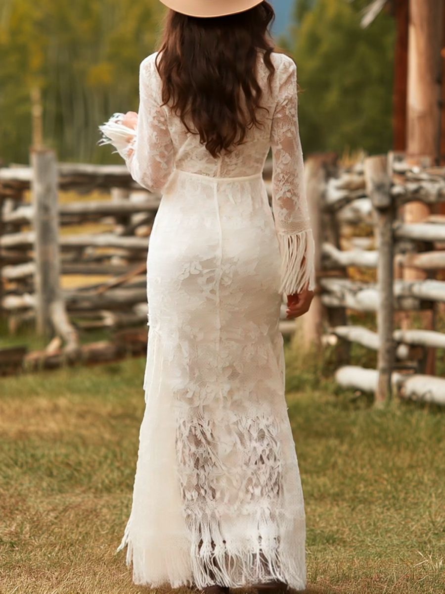 Boho Wedding Dress with Lace Bodice and Fringe Hem