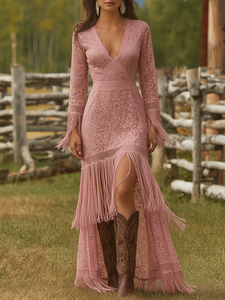 Boho Wedding Dress with Lace Bodice and Fringe Hem