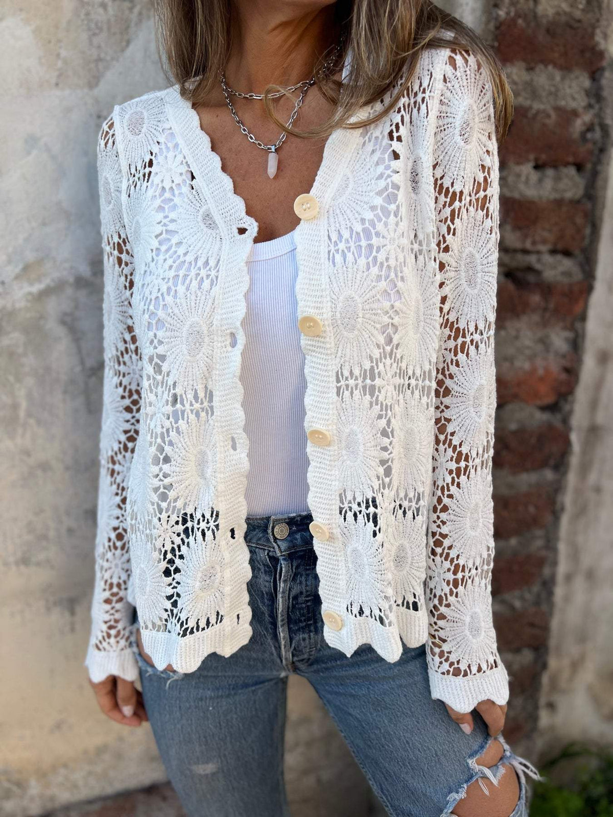 Breezy Crochet Lace Cardigan with Scalloped Hem and V-Neckline