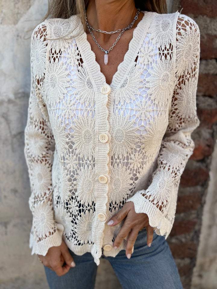 Breezy Crochet Lace Cardigan with Scalloped Hem and V-Neckline
