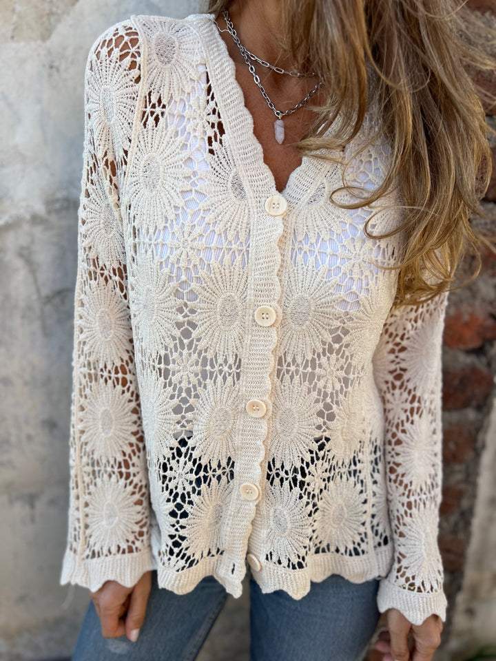 Breezy Crochet Lace Cardigan with Scalloped Hem and V-Neckline
