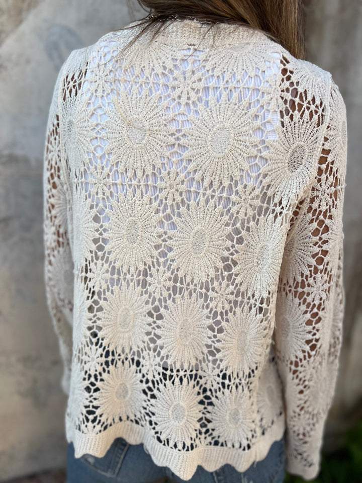 Breezy Crochet Lace Cardigan with Scalloped Hem and V-Neckline