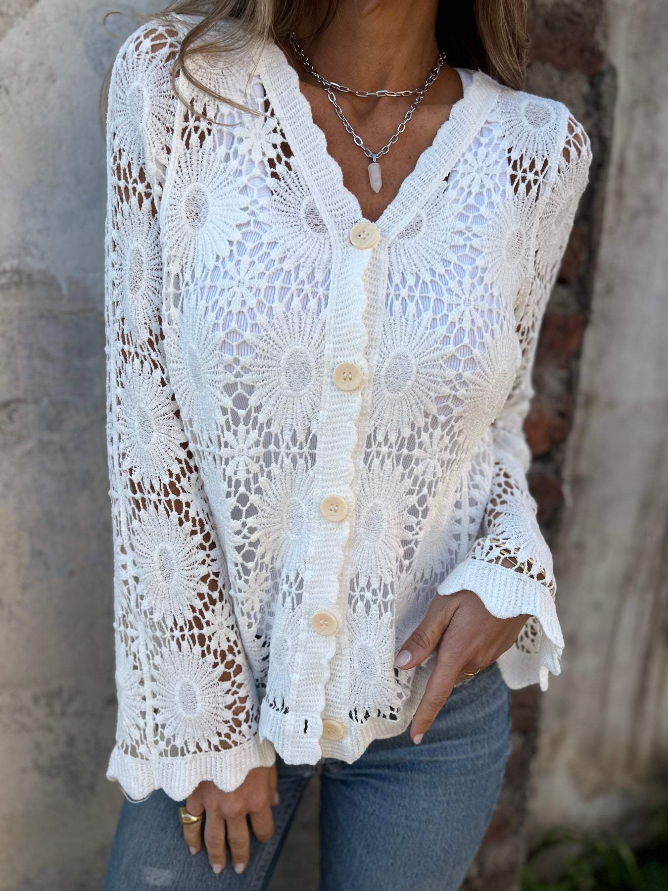 Breezy Crochet Lace Cardigan with Scalloped Hem and V-Neckline