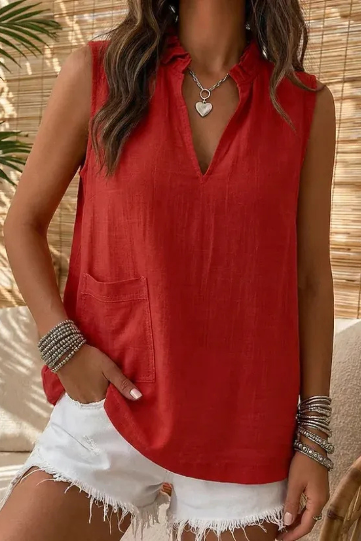 Breezy Sleeveless Linen Top with Ruffle Collar and V-Neckline