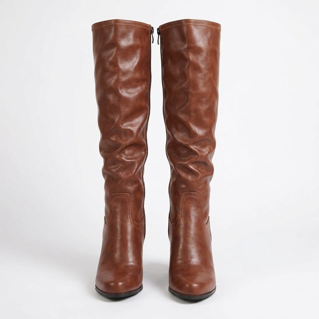 Brown Heeled Leather Knee High Boots with Block Heel