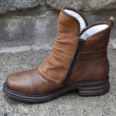 Brown Leather Ankle Boots with Fleece Lining and Buckle Strap