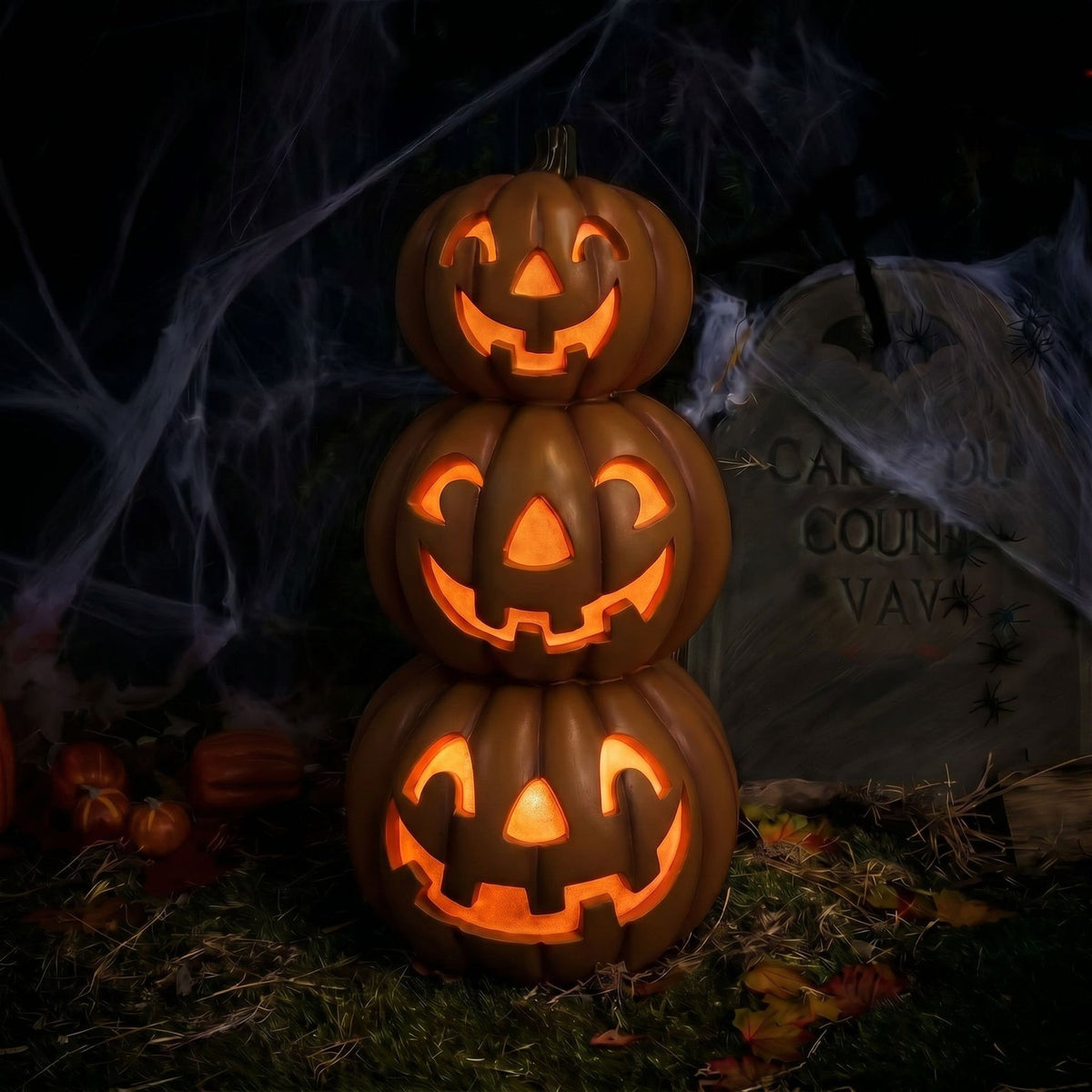 Extra Large Halloween Stacked Smiling Pumpkins Ornament with Multicoloured LED Lights