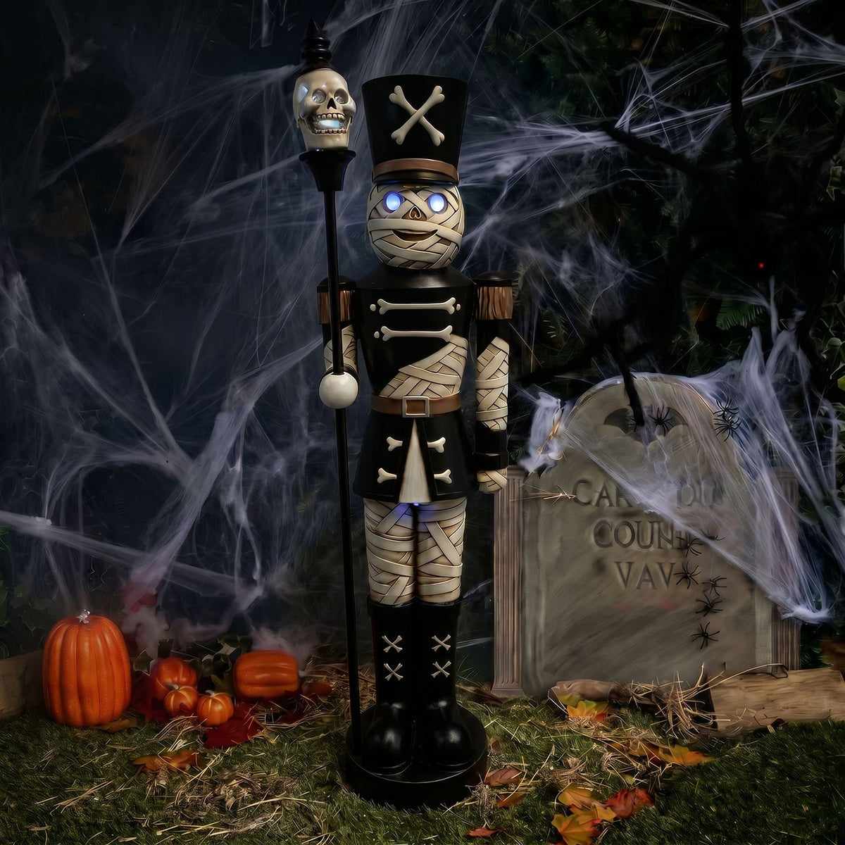 4ft Halloween Mummy Nutcracker with Skull Staff and Multicoloured LED Lights