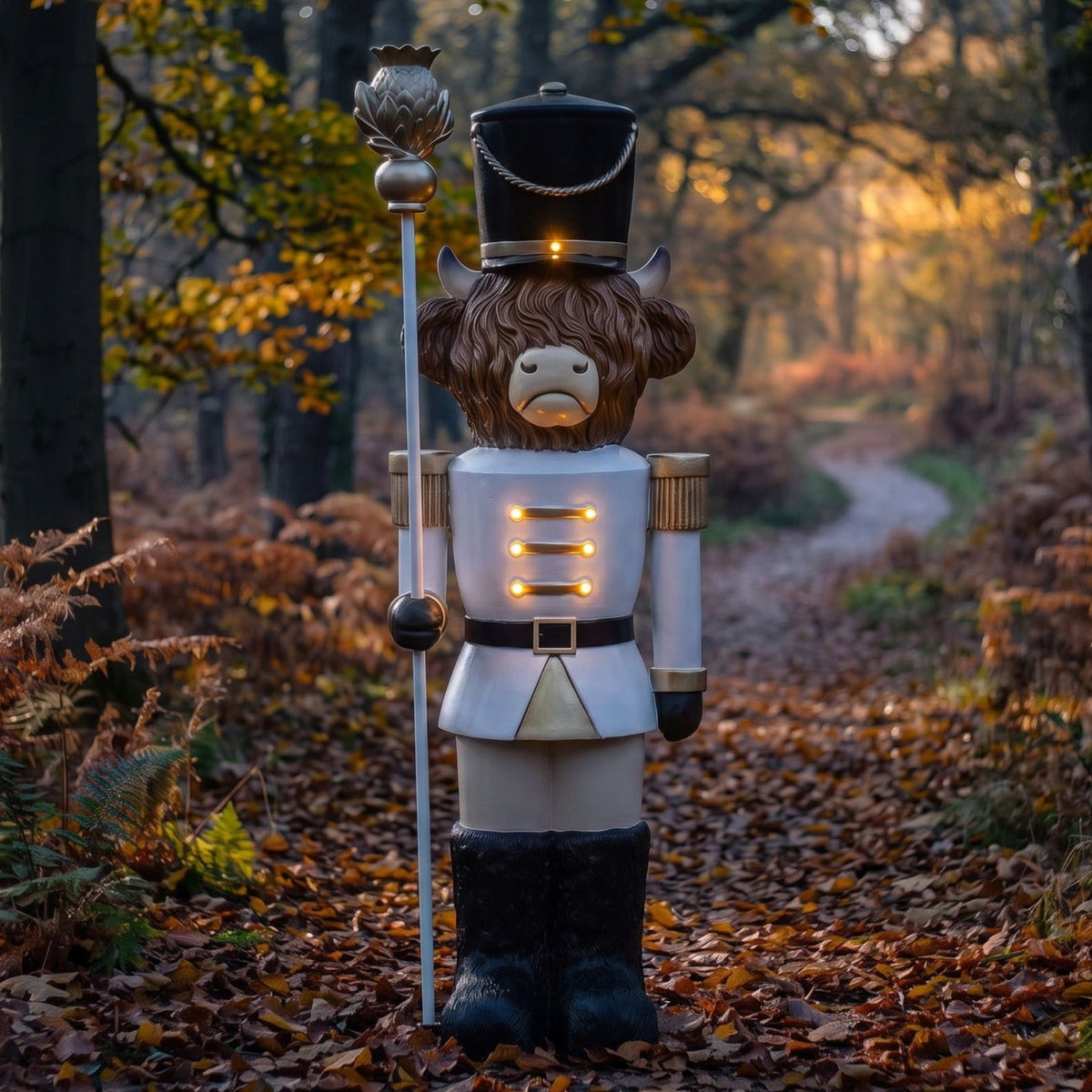 4ft Highland Cow Nutcracker with Staff and White LED Lights for Halloween or Christmas