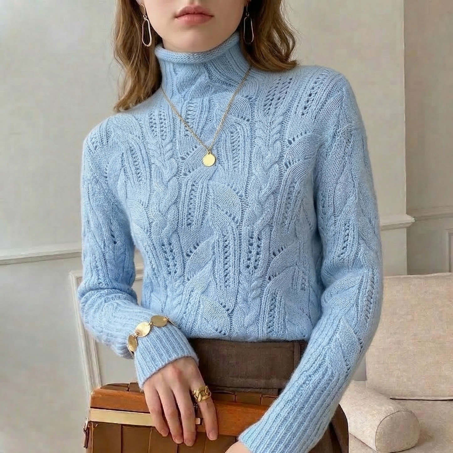 Cable Knit Turtleneck Sweater with Open Knit Detail