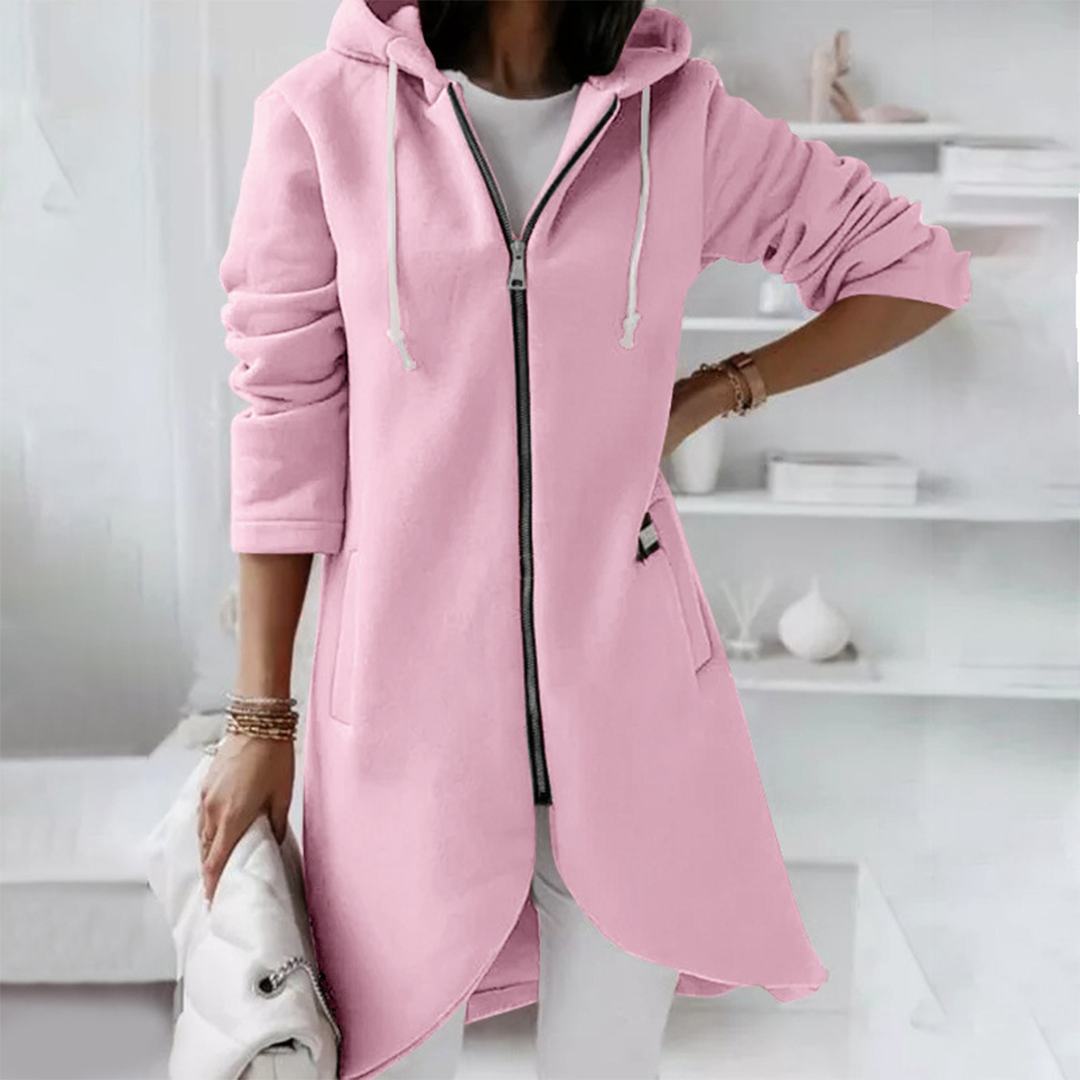 Casual Long Zip Up Hoodie with Curved Hem