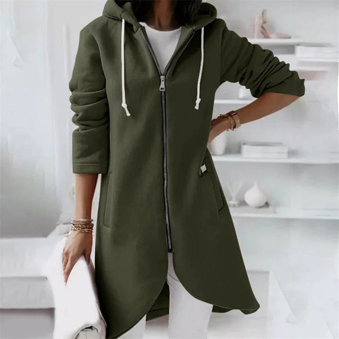 Casual Long Zip Up Hoodie with Curved Hem