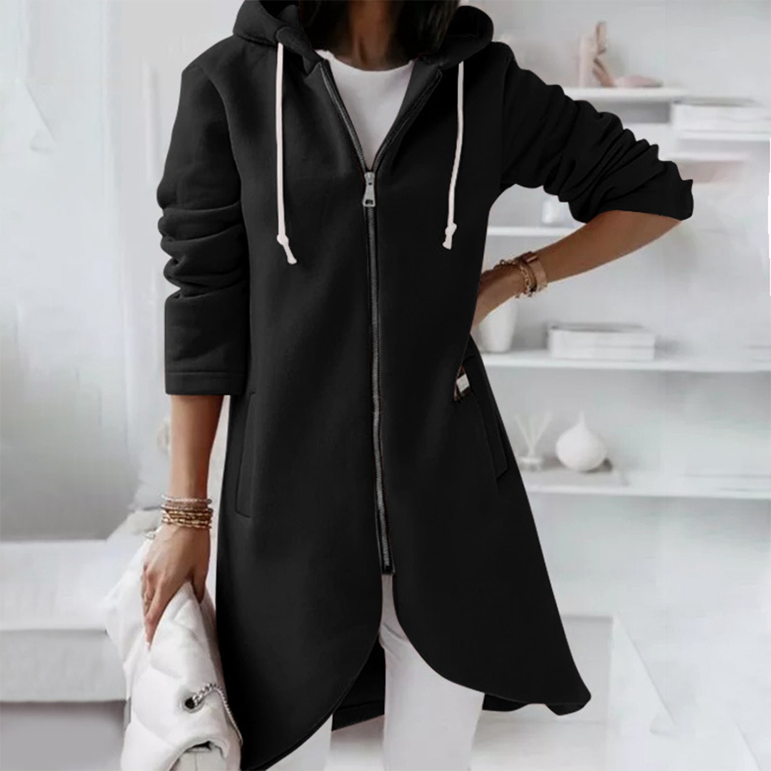 Casual Long Zip Up Hoodie with Curved Hem