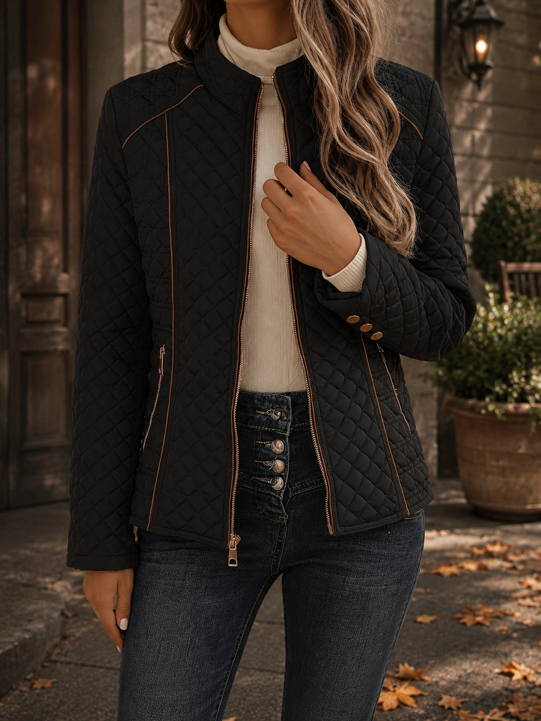 Fitted Quilted Jacket with Stand Collar and Contrast Piping