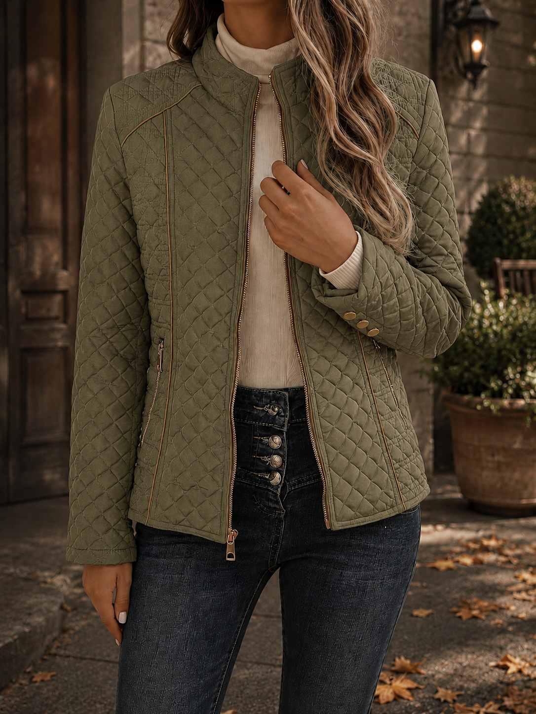 Fitted Quilted Jacket with Stand Collar and Contrast Piping