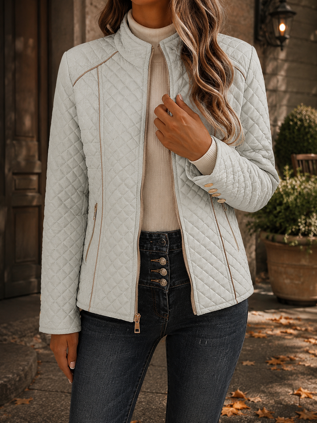 Fitted Quilted Jacket with Stand Collar and Contrast Piping