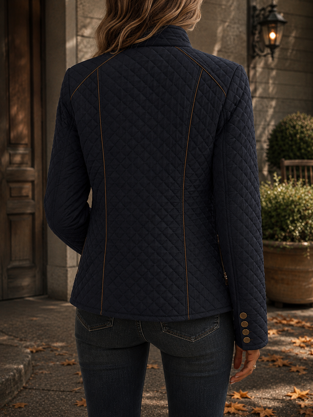 Fitted Quilted Jacket with Stand Collar and Contrast Piping
