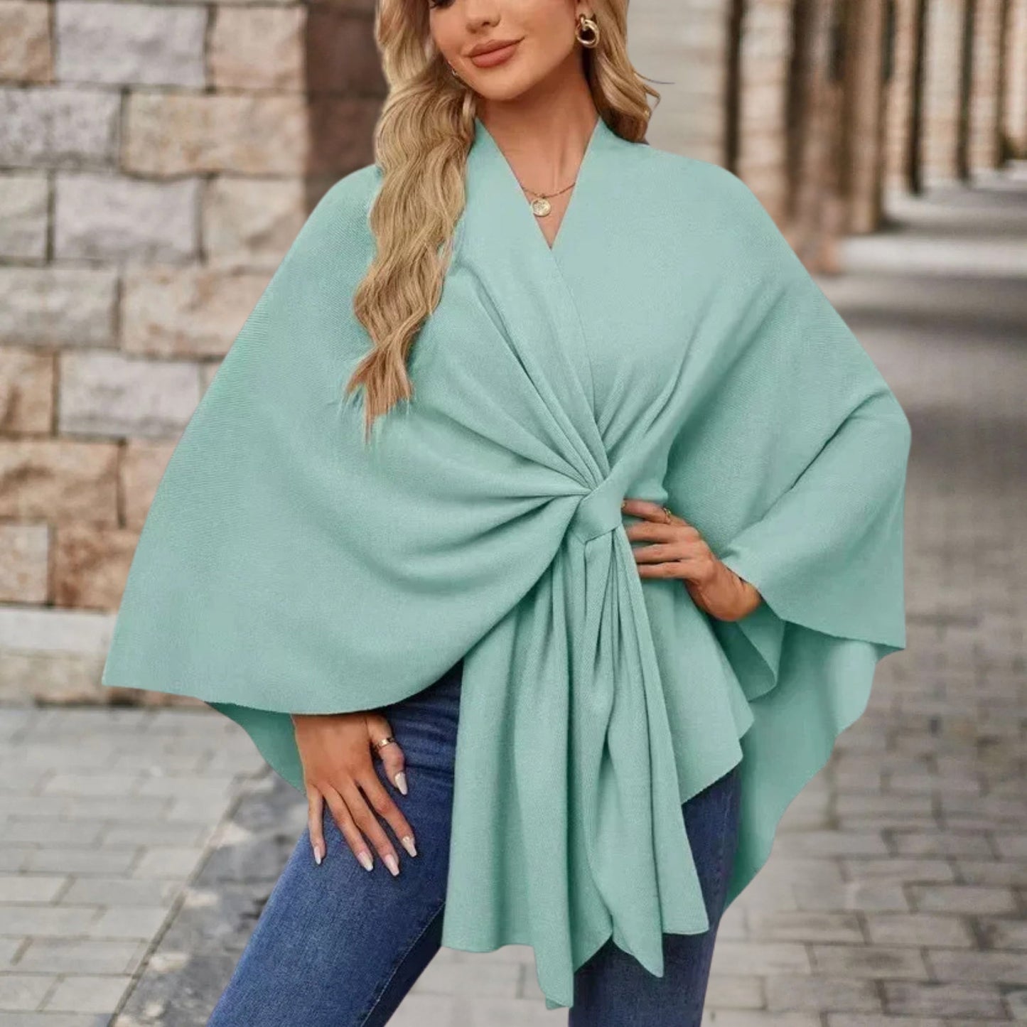 Chic Wrap Knot Poncho with V-Neckline and Wide Sleeves