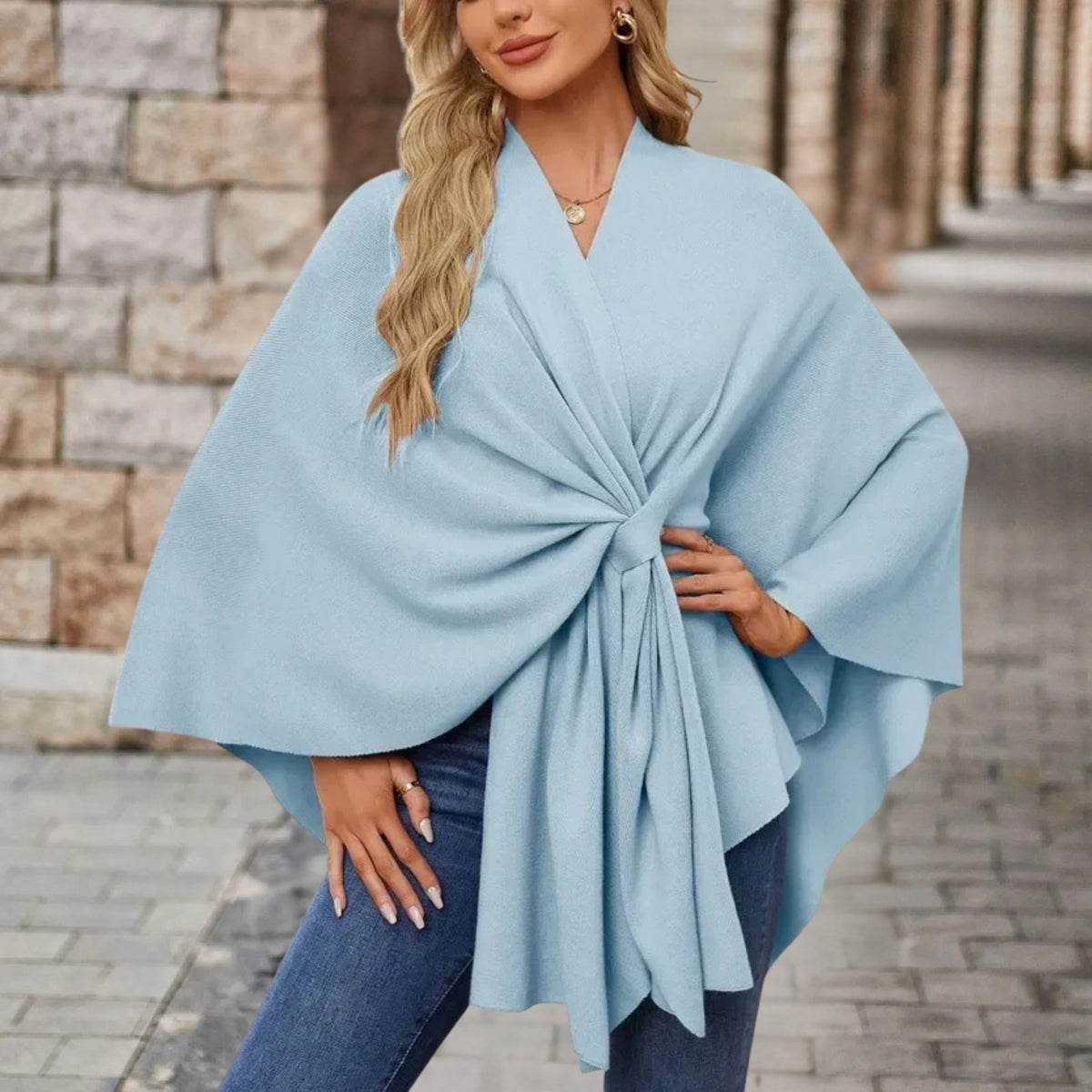 Chic Wrap Knot Poncho with V-Neckline and Wide Sleeves