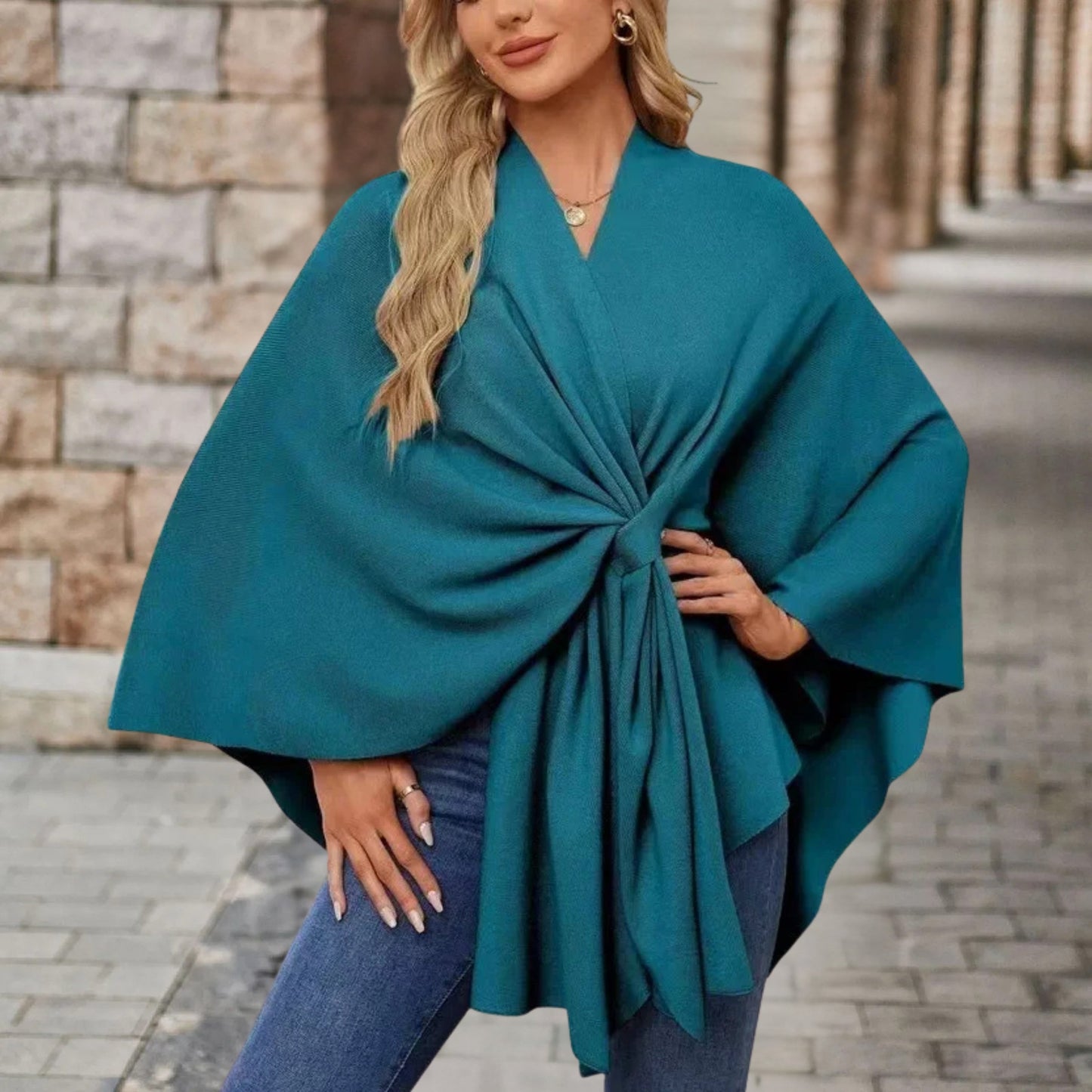 Chic Wrap Knot Poncho with V-Neckline and Wide Sleeves