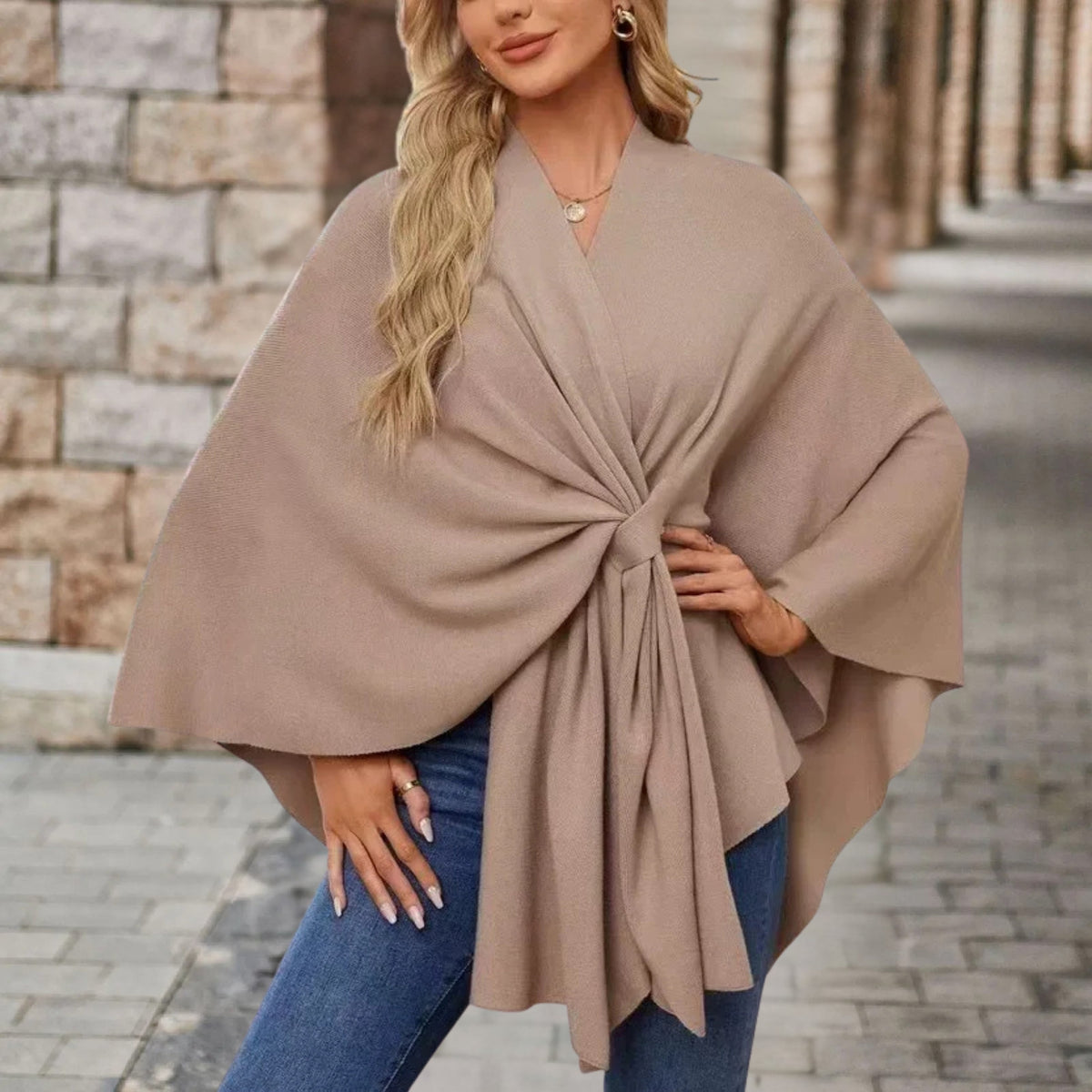 Chic Wrap Knot Poncho with V-Neckline and Wide Sleeves