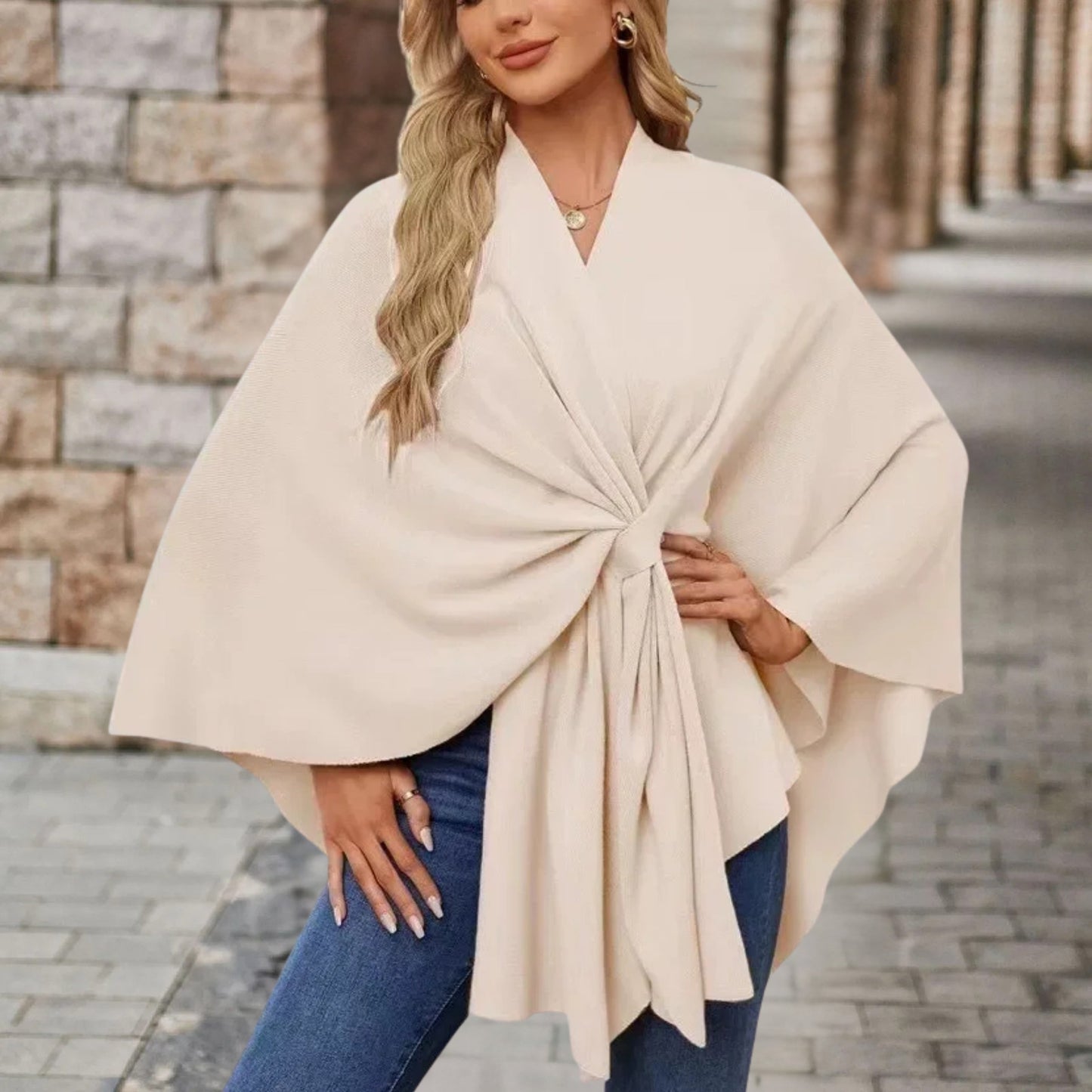 Chic Wrap Knot Poncho with V-Neckline and Wide Sleeves