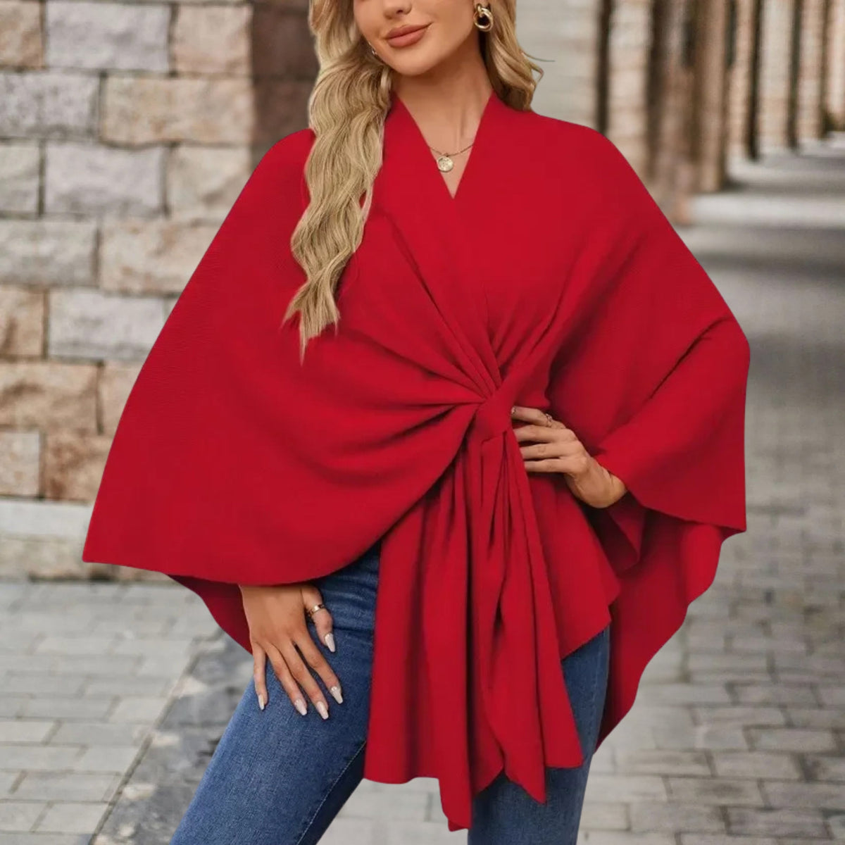 Chic Wrap Knot Poncho with V-Neckline and Wide Sleeves